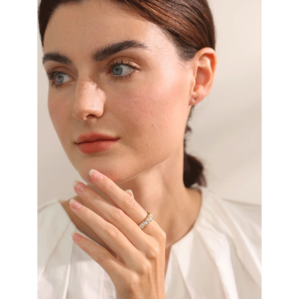 Yhpup anel brilhante de aço inoxidável, delicado, coração brilhante, zircônia cúbica, moda feminina, temperamento de alta qualidade, joias premium