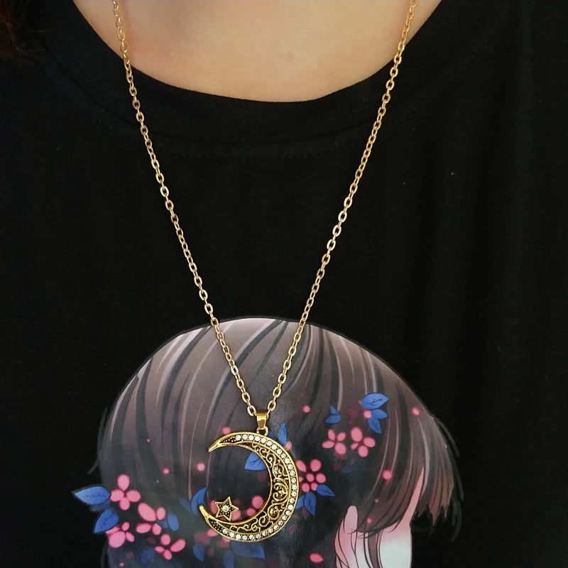 Colar Dourado Lua e Estrela com Pingente Solar, Colar Feminino, Colar Dourado Feminino, Colar de Lua e Estrela, Colar com Pingente, Loja Acessora