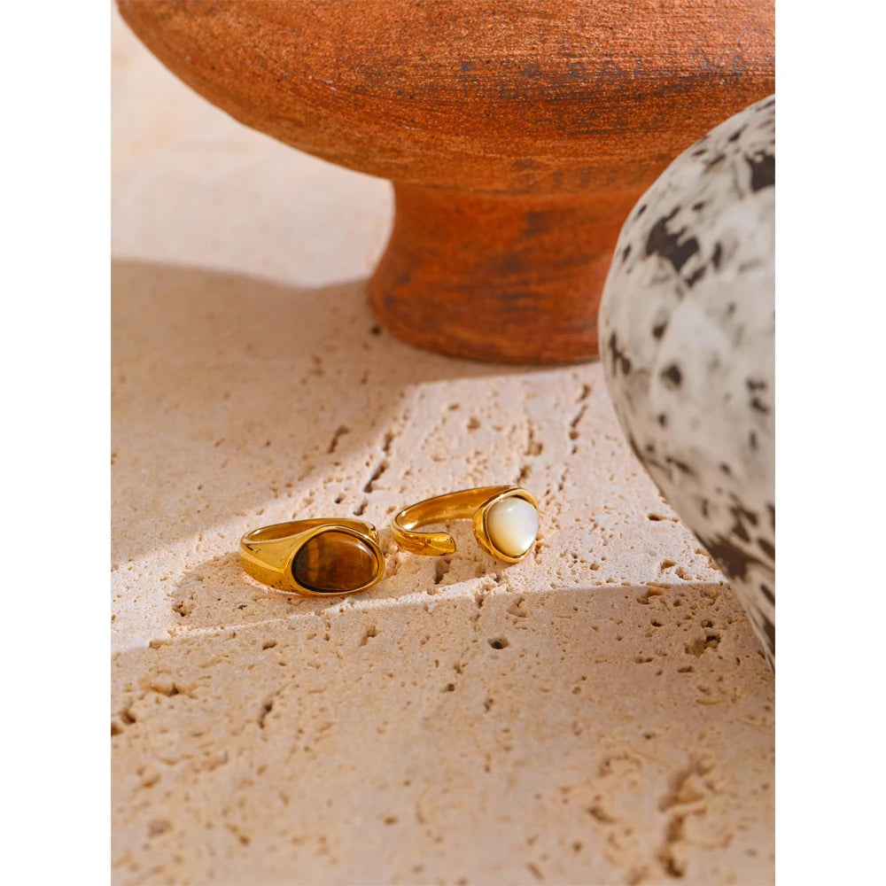 Yhpup 7 # Anel aberto de fundição de aço inoxidável, pedra de concha de tigre natural, fritilary, joias da moda para mulheres, novo