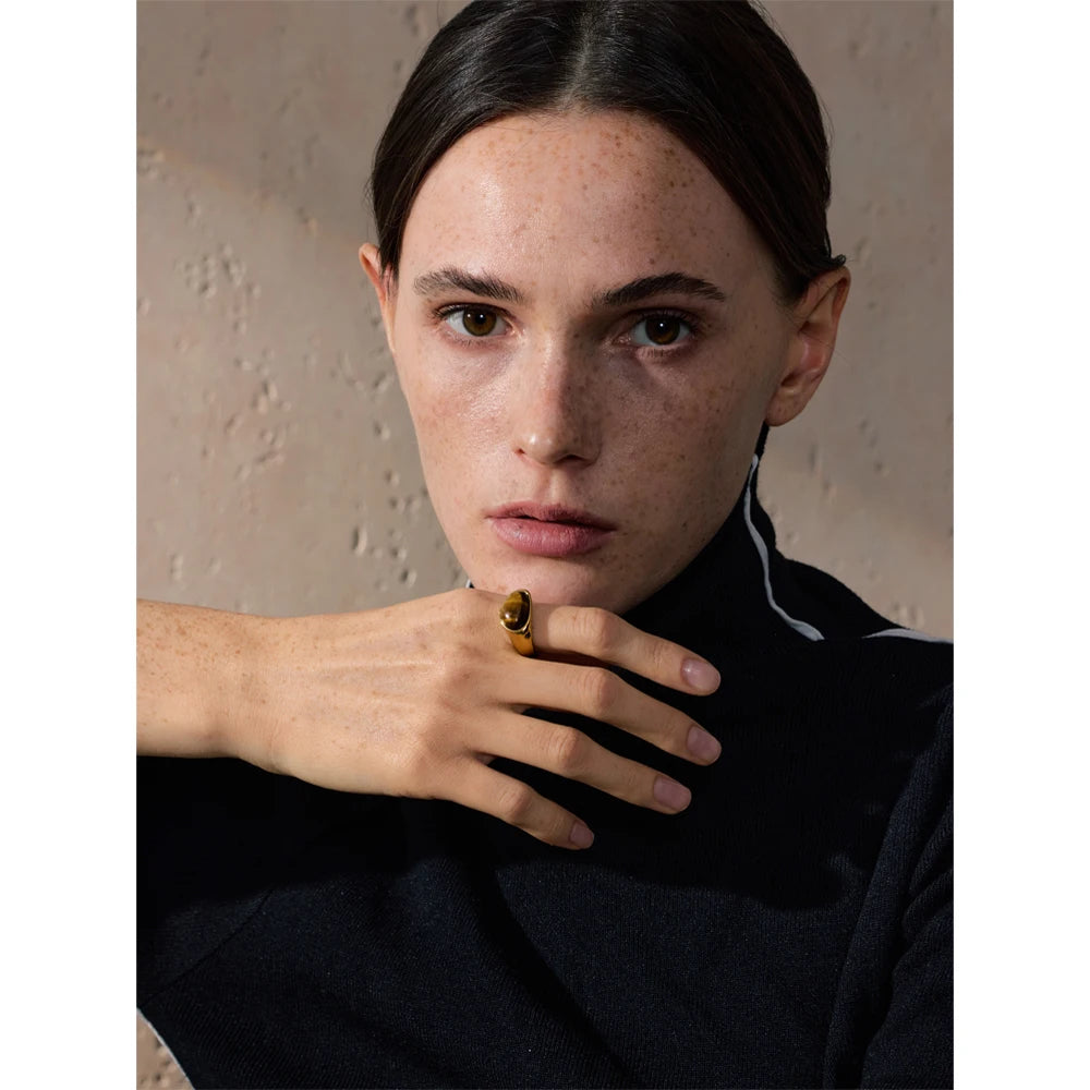 Yhpup 7 # Anel aberto de fundição de aço inoxidável, pedra de concha de tigre natural, fritilary, joias da moda para mulheres, novo