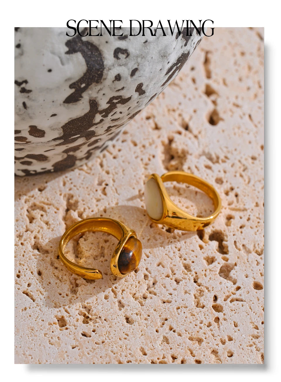 Yhpup 7 # Anel aberto de fundição de aço inoxidável, pedra de concha de tigre natural, fritilary, joias da moda para mulheres, novo