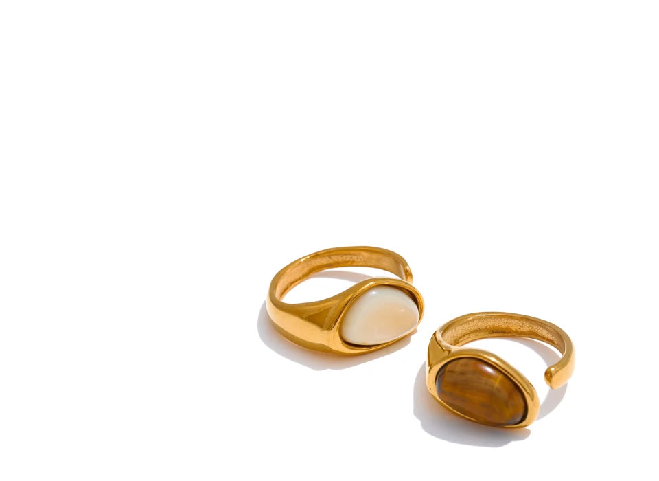 Yhpup 7 # Anel aberto de fundição de aço inoxidável, pedra de concha de tigre natural, fritilary, joias da moda para mulheres, novo