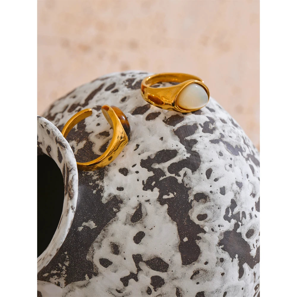 Yhpup 7 # Anel aberto de fundição de aço inoxidável, pedra de concha de tigre natural, fritilary, joias da moda para mulheres, novo