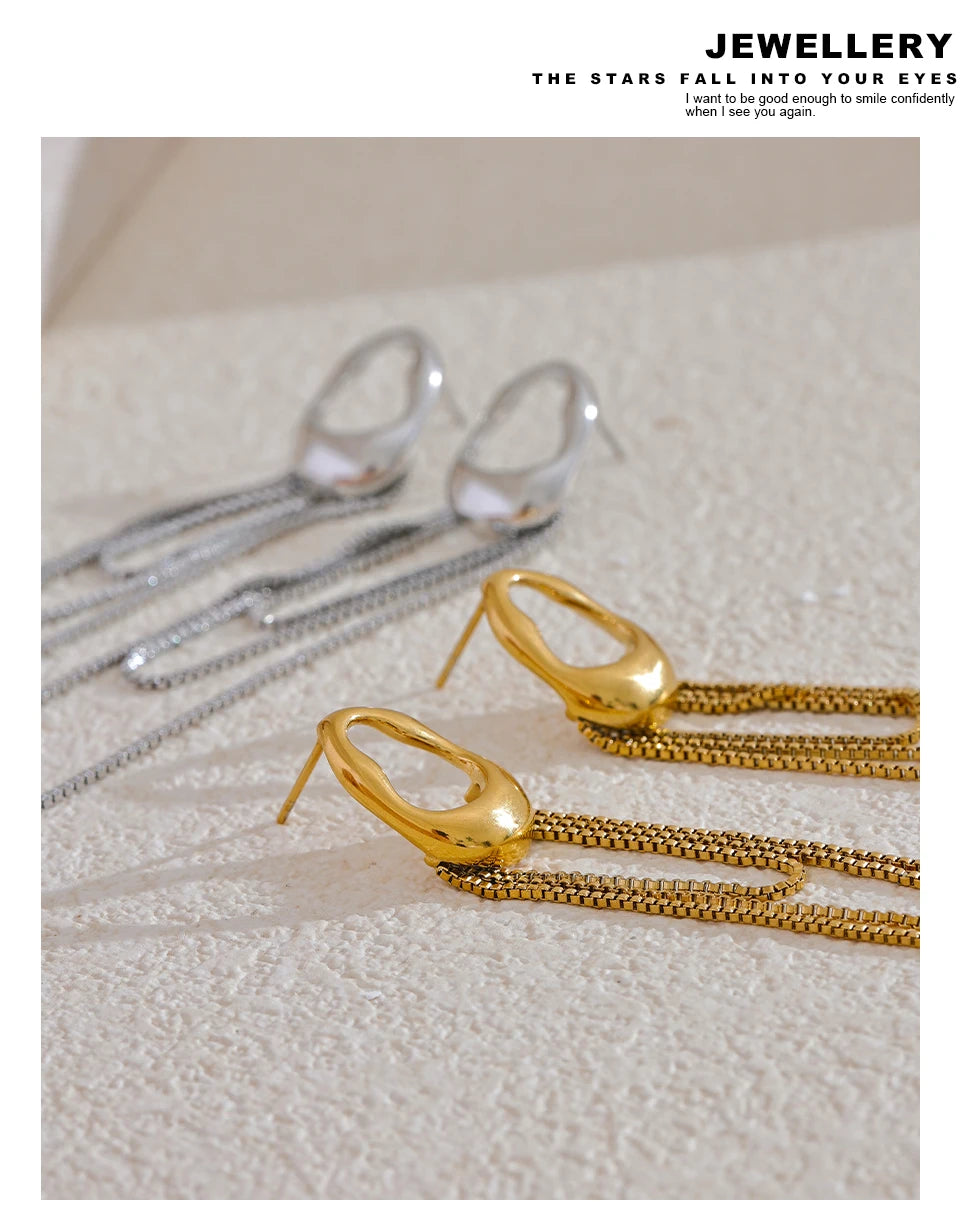 Brincos Geométricos de Aço inox Com Borla, Brinco de Aço Inox, Brincos Com Borla, Brinco Dourado, Brincos Geométricos de Aço inoxidável Com Borla, Loja Acessora