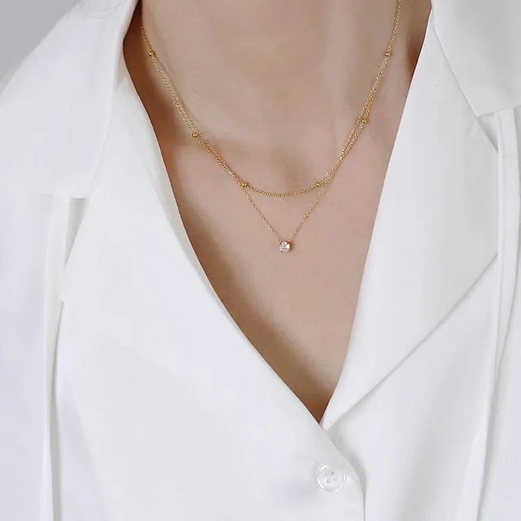 Gargantilha Dupla em Aço Inoxidável com Zircão, Colar Feminino, Colar Feminino de Aço Inox, Gargantilha de Aço Inox, Gargantilha Com Zircão, Loja Acessora