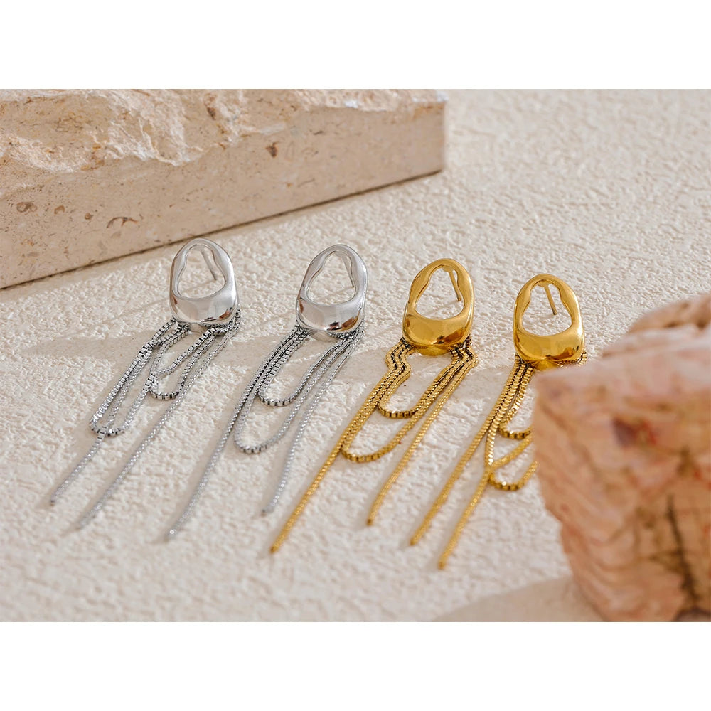 Brincos Geométricos de Aço inox Com Borla, Brinco de Aço Inox, Brincos Com Borla, Brinco Dourado, Brincos Geométricos de Aço inoxidável Com Borla, Loja Acessora