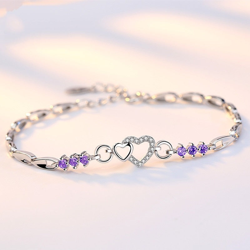 Pulseira Coração de Prata 925 Com Cristal Roxo Zircão, Pulseira Feminina, Pulseira de Prata, Pulseira de Coração, Loja Acessora