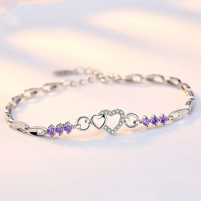Pulseira Coração de Prata 925 Com Cristal Roxo Zircão, Pulseira Feminina, Pulseira de Prata, Pulseira de Coração, Loja Acessora