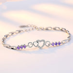 Pulseira Coração de Prata 925 Com Cristal Roxo Zircão, Pulseira Feminina, Pulseira de Prata, Pulseira de Coração, Loja Acessora