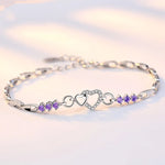 Pulseira Coração de Prata 925 Com Cristal Roxo Zircão, Pulseira Feminina, Pulseira de Prata, Pulseira de Coração, Loja Acessora