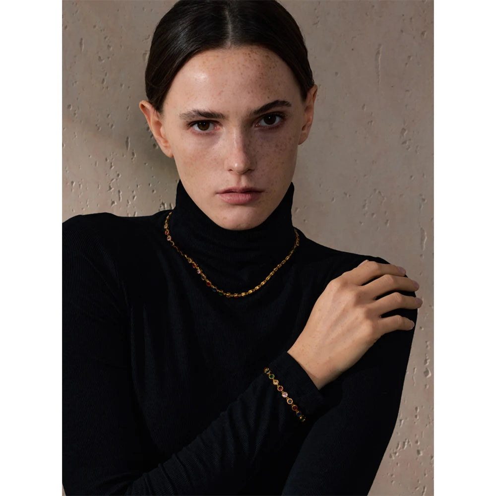Yhpup requintado colorido zircônia cúbica luxo elenco corrente colar pulseira para mulheres de aço inoxidável à prova dwaterproof água jóias presente