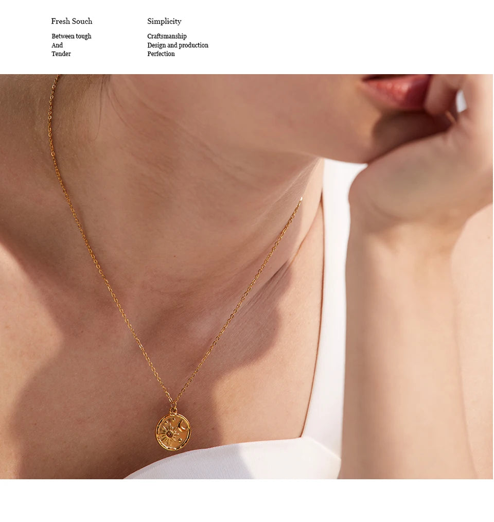 Yhpup moda lua celestial sol delicado pingente redondo colar de aço inoxidável 18k banhado a ouro corrente na moda charme chique jóias