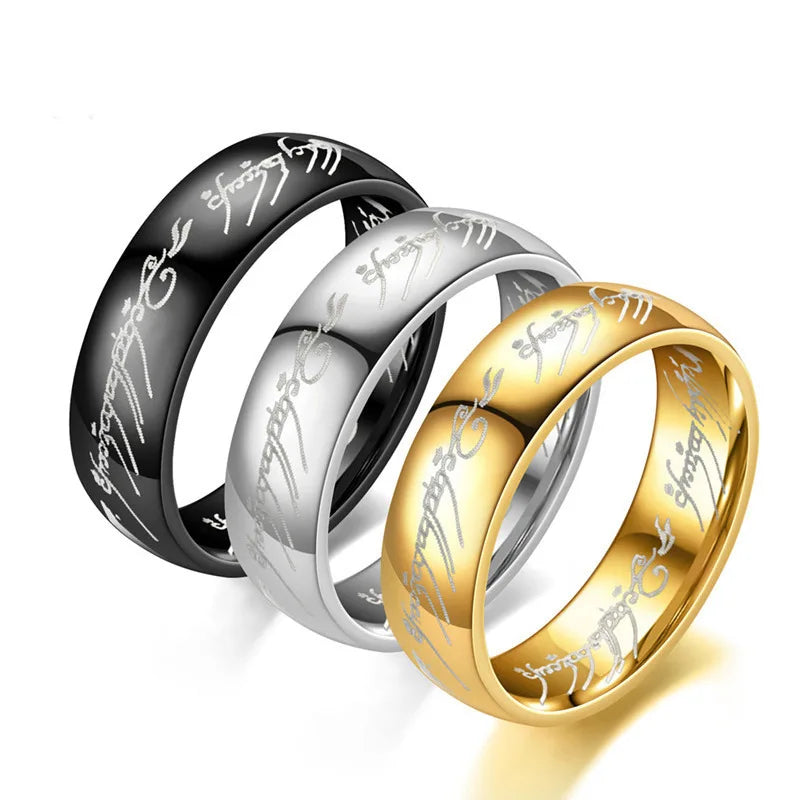 6mm de aço inoxidável gravura a laser casais requintados anéis de casamento, homens e mulheres moda filme jóias presentes atacado