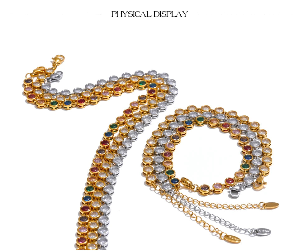 Yhpup requintado colorido zircônia cúbica luxo elenco corrente colar pulseira para mulheres de aço inoxidável à prova dwaterproof água jóias presente