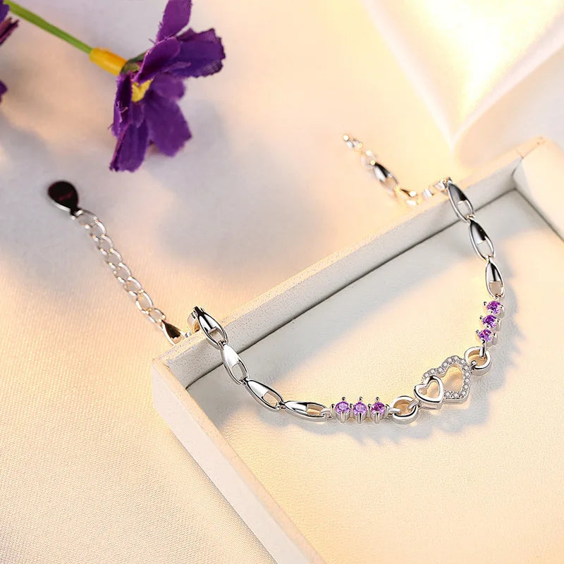 Pulseira Coração de Prata 925 com Cristal Roxo Zircão