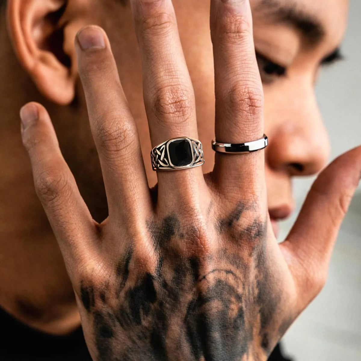 Anéis étnicos vintage para homens, Nó Viking Retro, Faixa de Dedo, Pedra Quadrada Geométrica Preta, Anel de Sinete, Jóias Punk