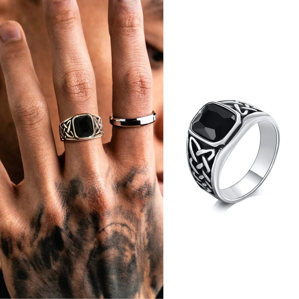 Anéis étnicos vintage para homens, Nó Viking Retro, Faixa de Dedo, Pedra Quadrada Geométrica Preta, Anel de Sinete, Jóias Punk