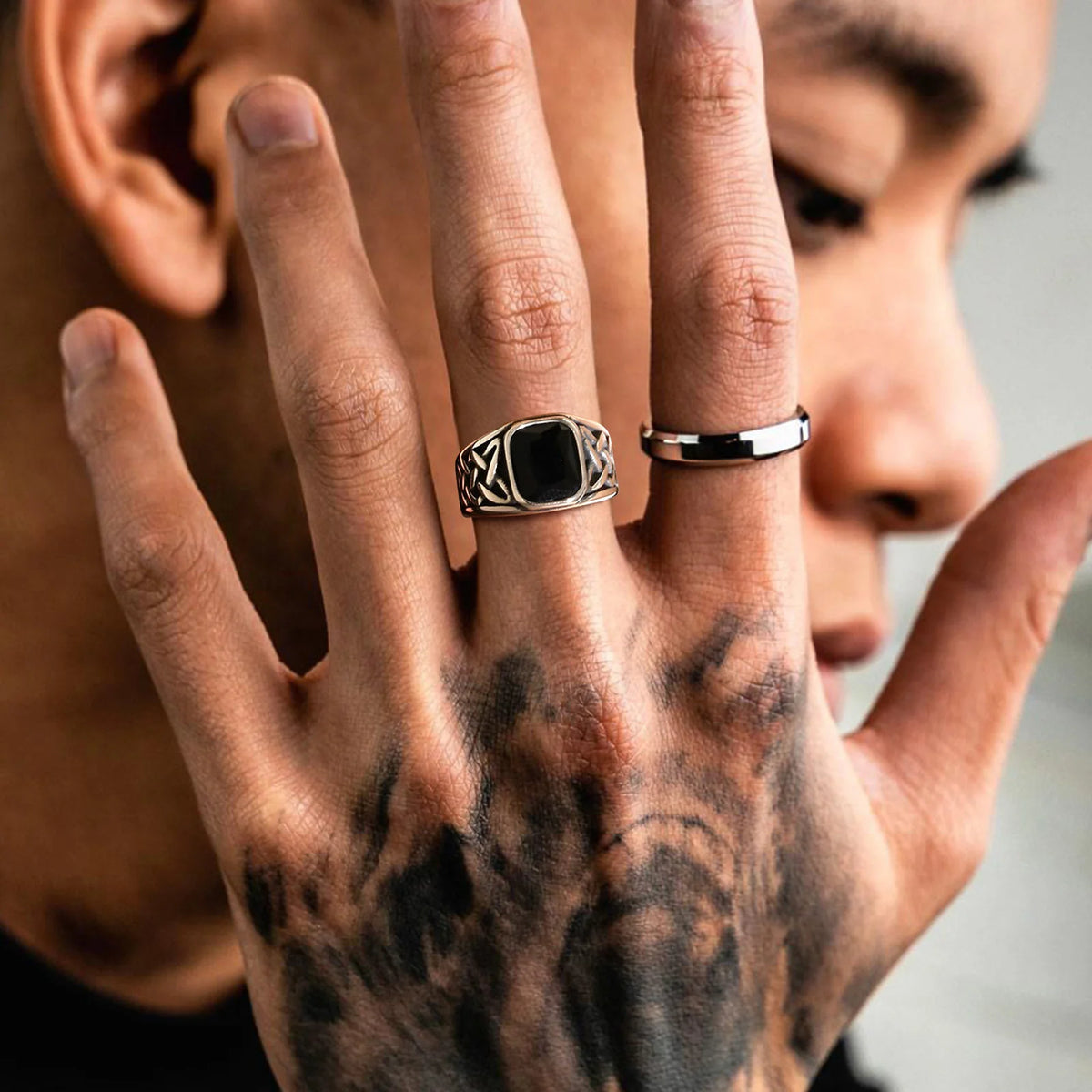 Anéis étnicos vintage para homens, Nó Viking Retro, Faixa de Dedo, Pedra Quadrada Geométrica Preta, Anel de Sinete, Jóias Punk