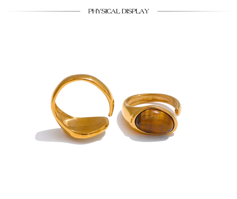 Yhpup 7 # Anel aberto de fundição de aço inoxidável, pedra de concha de tigre natural, fritilary, joias da moda para mulheres, novo