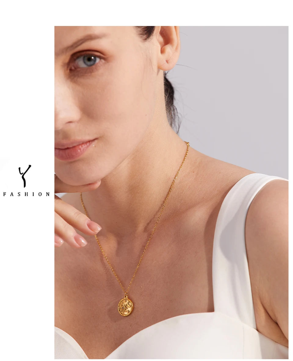 Yhpup moda lua celestial sol delicado pingente redondo colar de aço inoxidável 18k banhado a ouro corrente na moda charme chique jóias