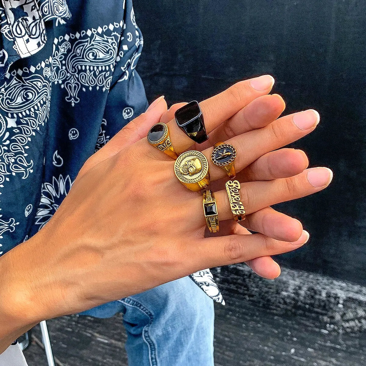 Conjunto vintage de anéis de esqueleto e caveira para homens e mulheres, cor prata antiga, joias punk, acessórios esculpidos, gótico, steampunk, conjunto de 6 peças