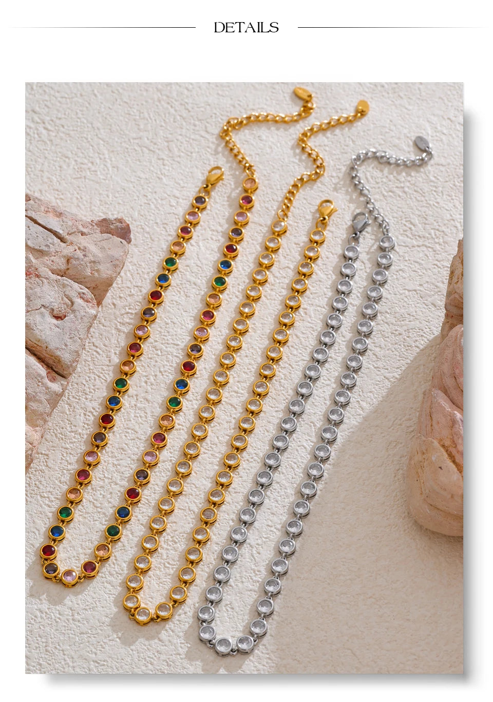 Yhpup requintado colorido zircônia cúbica luxo elenco corrente colar pulseira para mulheres de aço inoxidável à prova dwaterproof água jóias presente