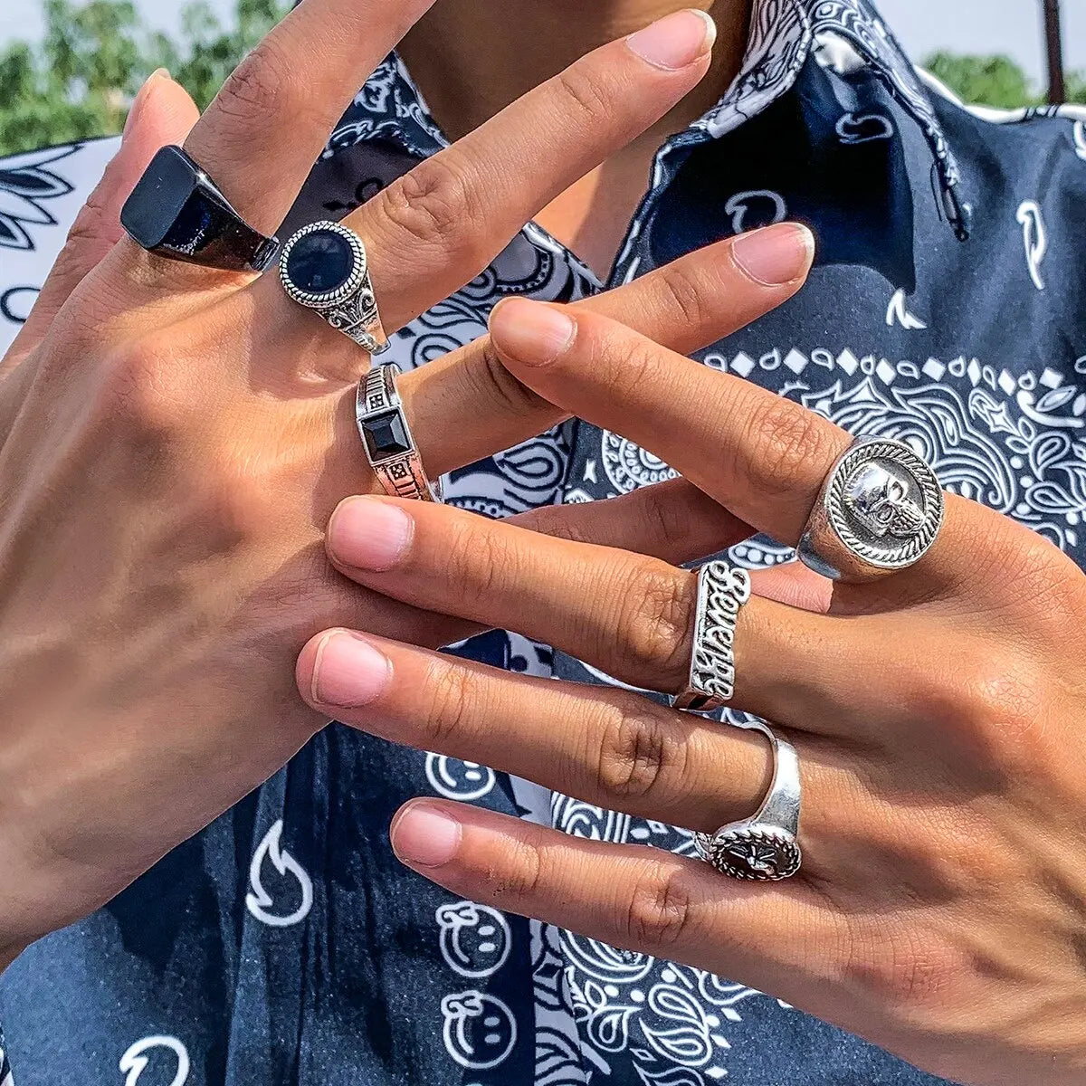 Conjunto vintage de anéis de esqueleto e caveira para homens e mulheres, cor prata antiga, joias punk, acessórios esculpidos, gótico, steampunk, conjunto de 6 peças