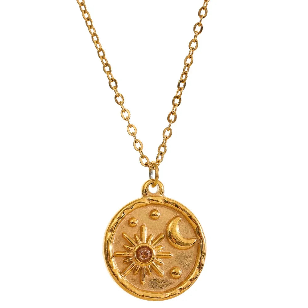 Yhpup moda lua celestial sol delicado pingente redondo colar de aço inoxidável 18k banhado a ouro corrente na moda charme chique jóias