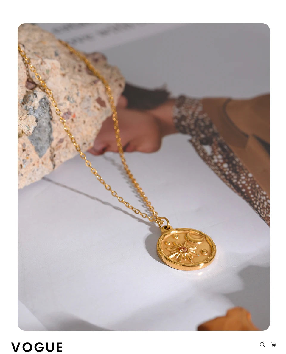 Yhpup moda lua celestial sol delicado pingente redondo colar de aço inoxidável 18k banhado a ouro corrente na moda charme chique jóias
