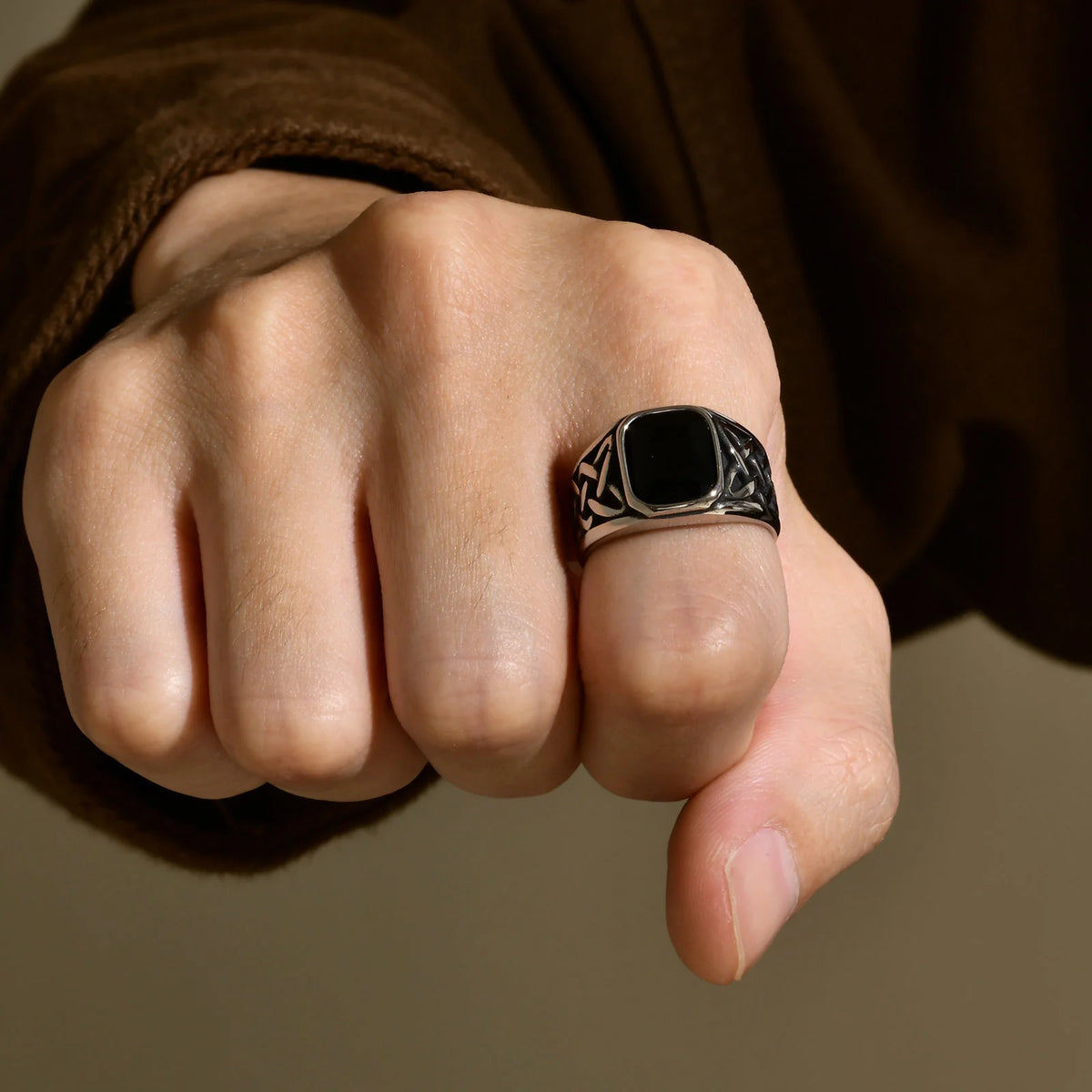 Anéis étnicos vintage para homens, Nó Viking Retro, Faixa de Dedo, Pedra Quadrada Geométrica Preta, Anel de Sinete, Jóias Punk