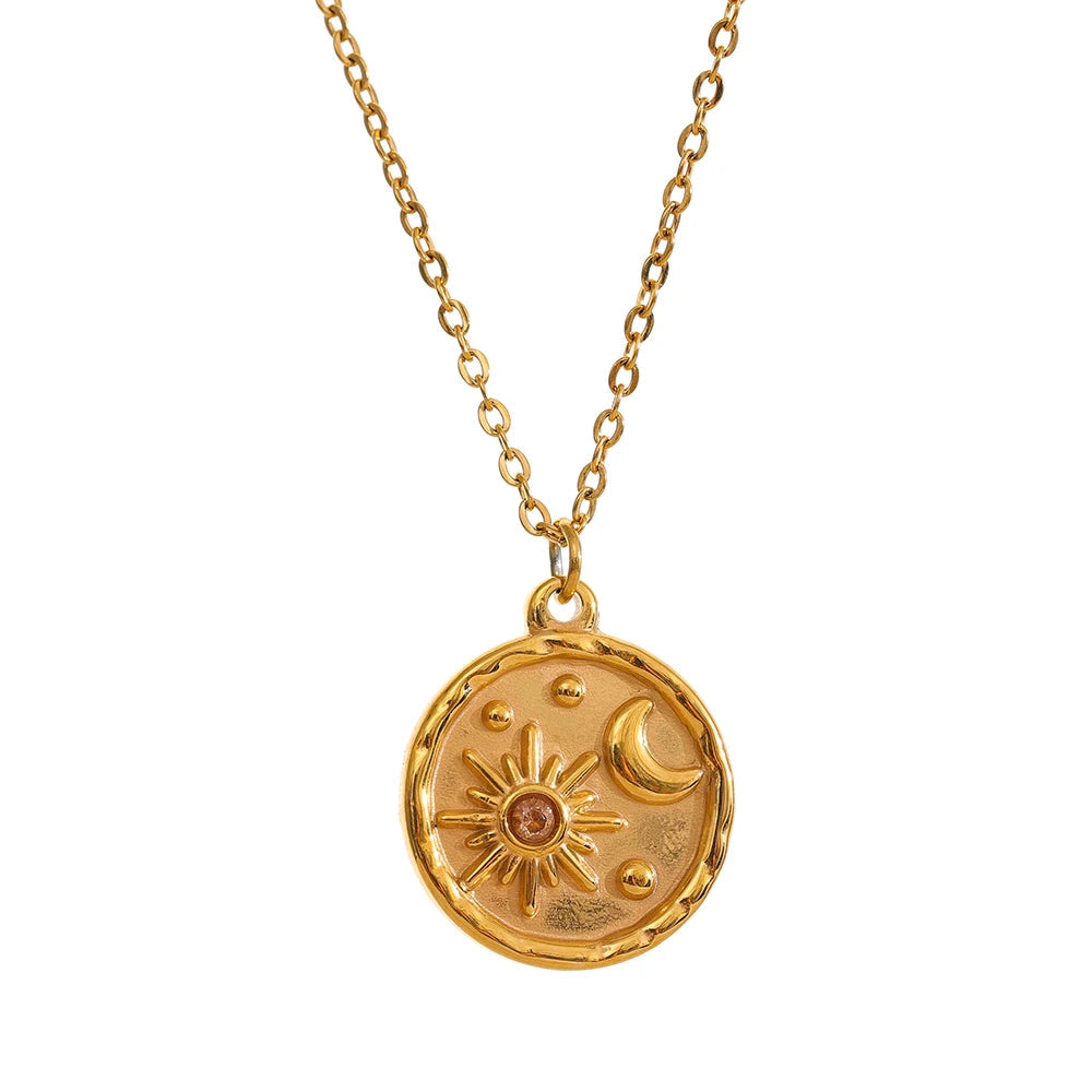 Yhpup moda lua celestial sol delicado pingente redondo colar de aço inoxidável 18k banhado a ouro corrente na moda charme chique jóias