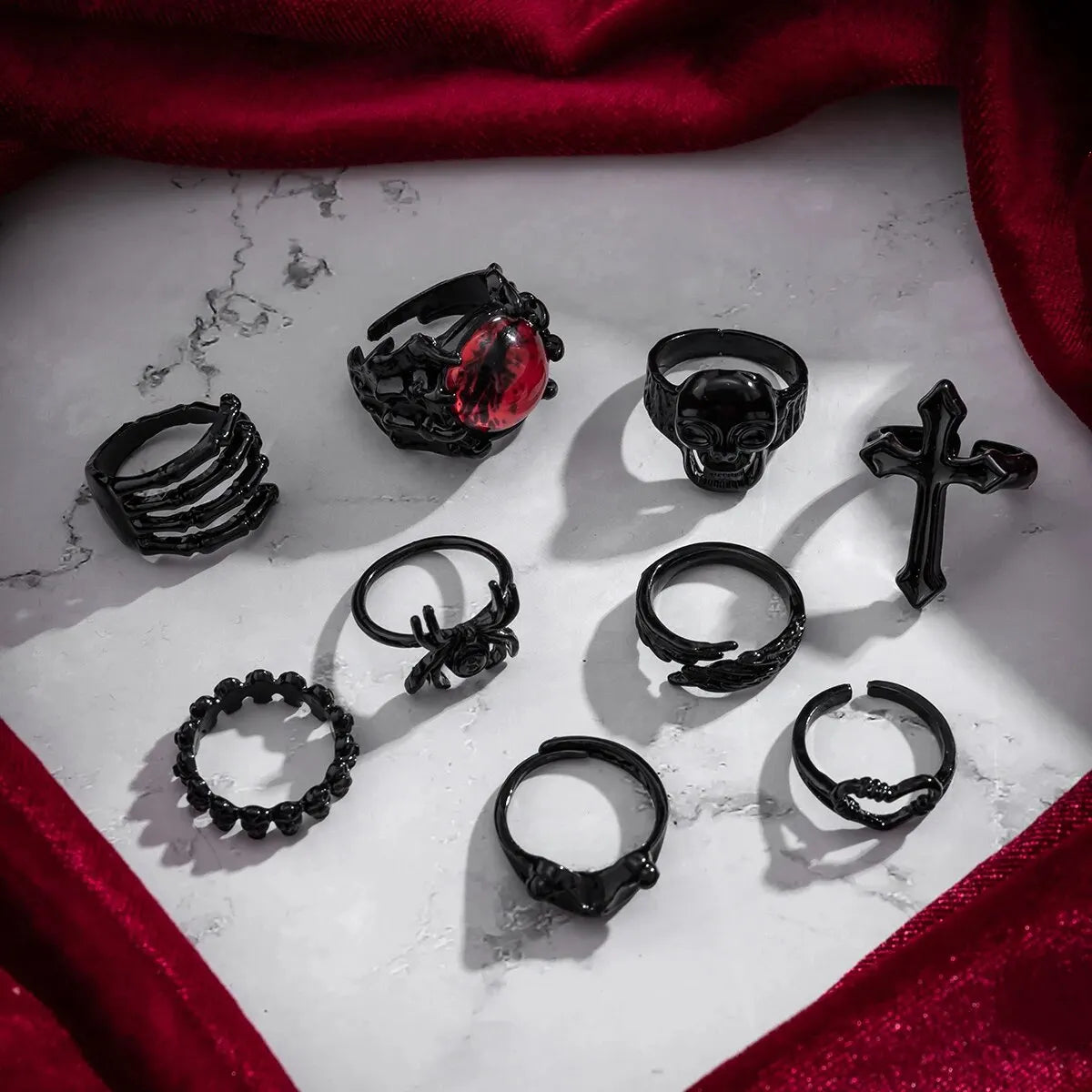 Conjunto vintage de anéis de esqueleto e caveira para homens e mulheres, cor prata antiga, joias punk, acessórios esculpidos, gótico, steampunk, conjunto de 6 peças