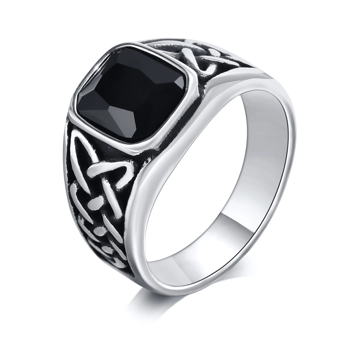 Anéis étnicos vintage para homens, Nó Viking Retro, Faixa de Dedo, Pedra Quadrada Geométrica Preta, Anel de Sinete, Jóias Punk