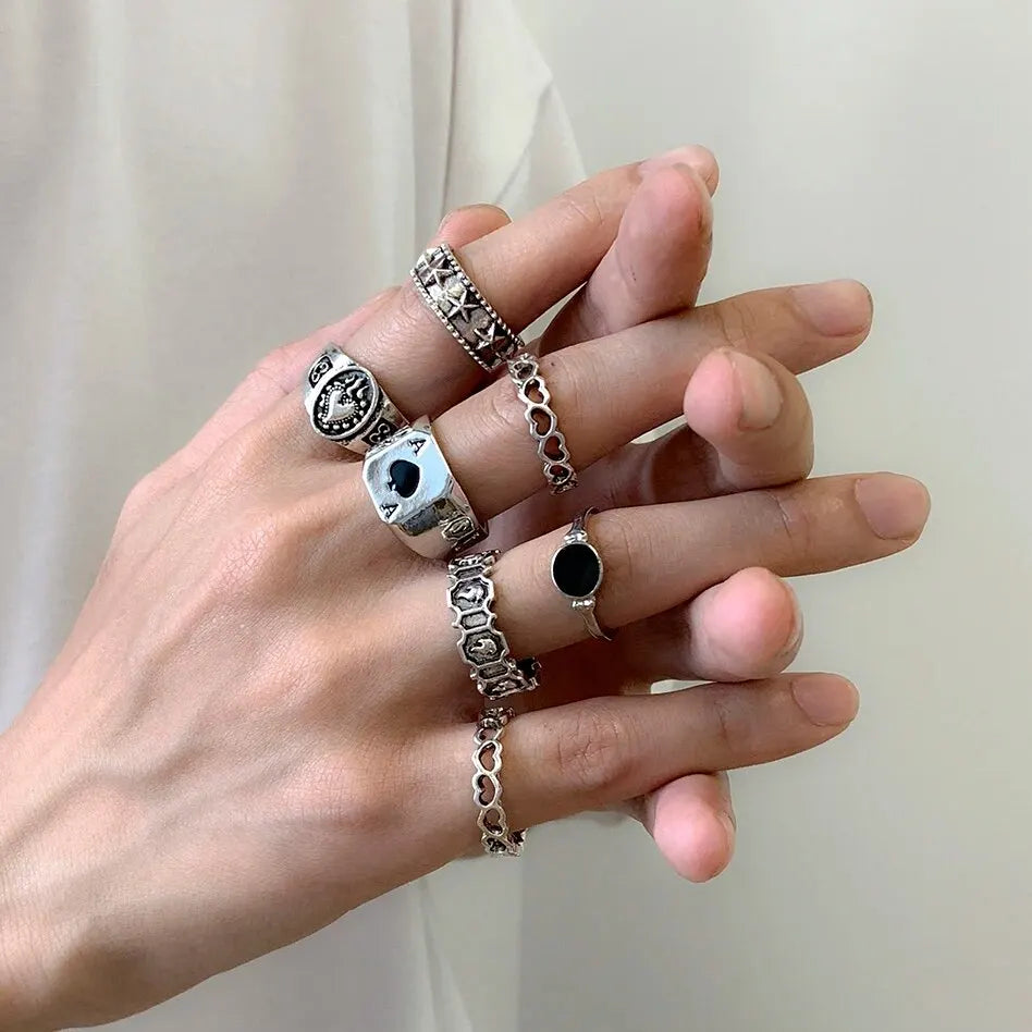 Conjunto vintage de anéis de esqueleto e caveira para homens e mulheres, cor prata antiga, joias punk, acessórios esculpidos, gótico, steampunk, conjunto de 6 peças