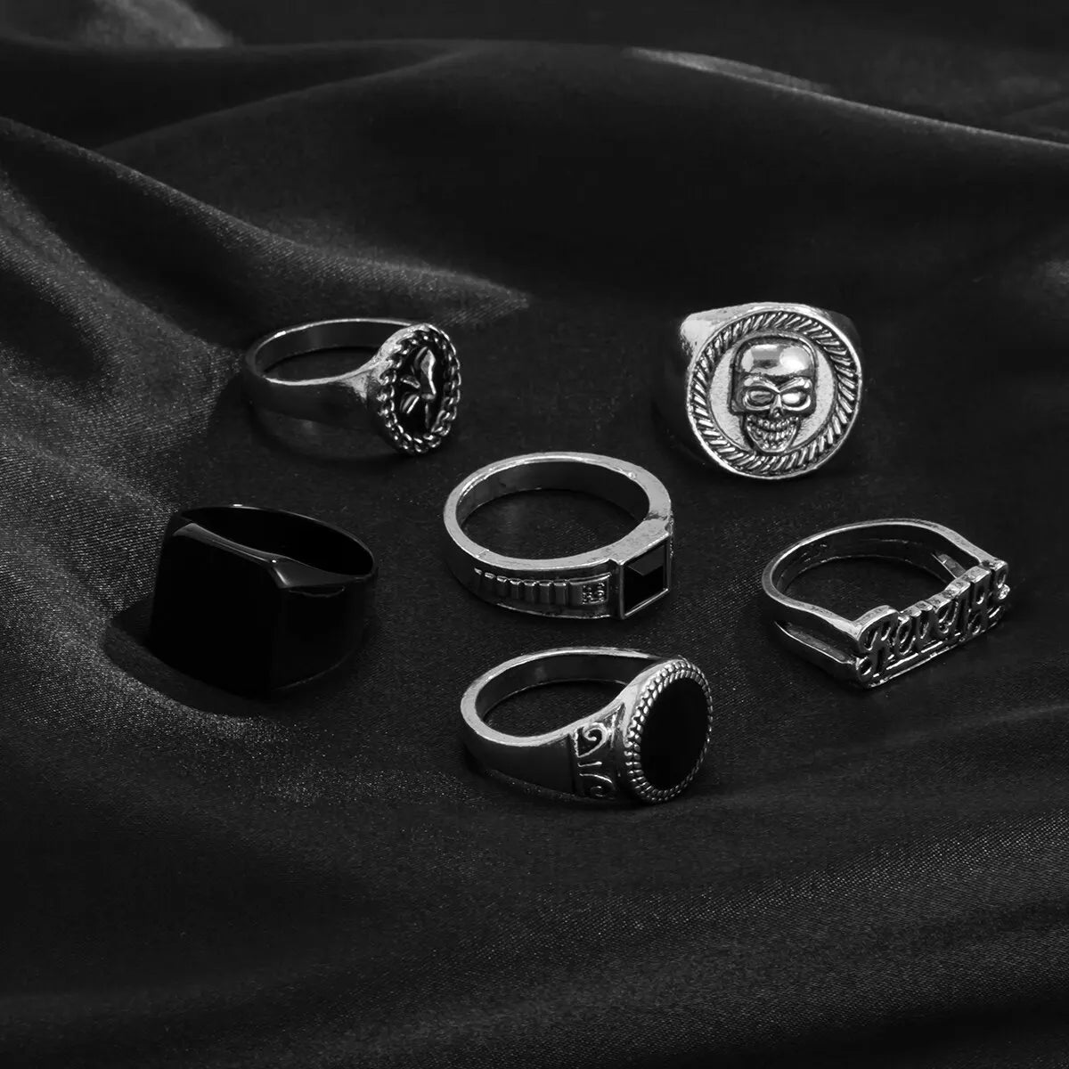 Conjunto vintage de anéis de esqueleto e caveira para homens e mulheres, cor prata antiga, joias punk, acessórios esculpidos, gótico, steampunk, conjunto de 6 peças