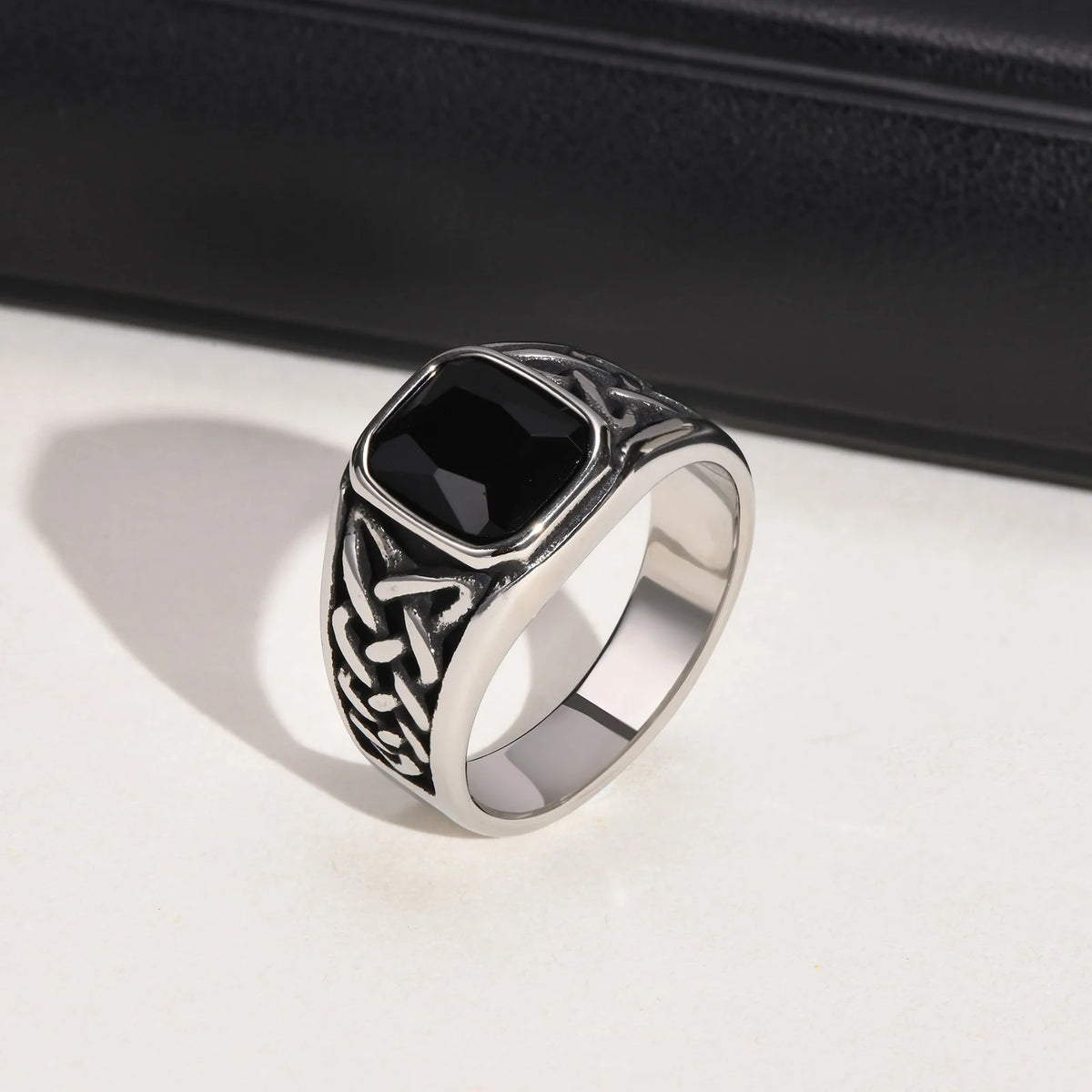 Anéis étnicos vintage para homens, Nó Viking Retro, Faixa de Dedo, Pedra Quadrada Geométrica Preta, Anel de Sinete, Jóias Punk