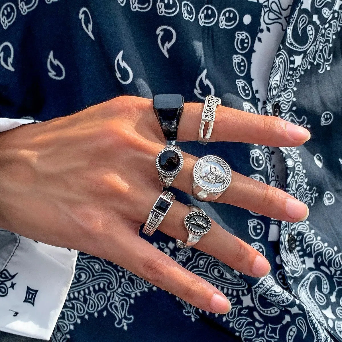 Conjunto vintage de anéis de esqueleto e caveira para homens e mulheres, cor prata antiga, joias punk, acessórios esculpidos, gótico, steampunk, conjunto de 6 peças