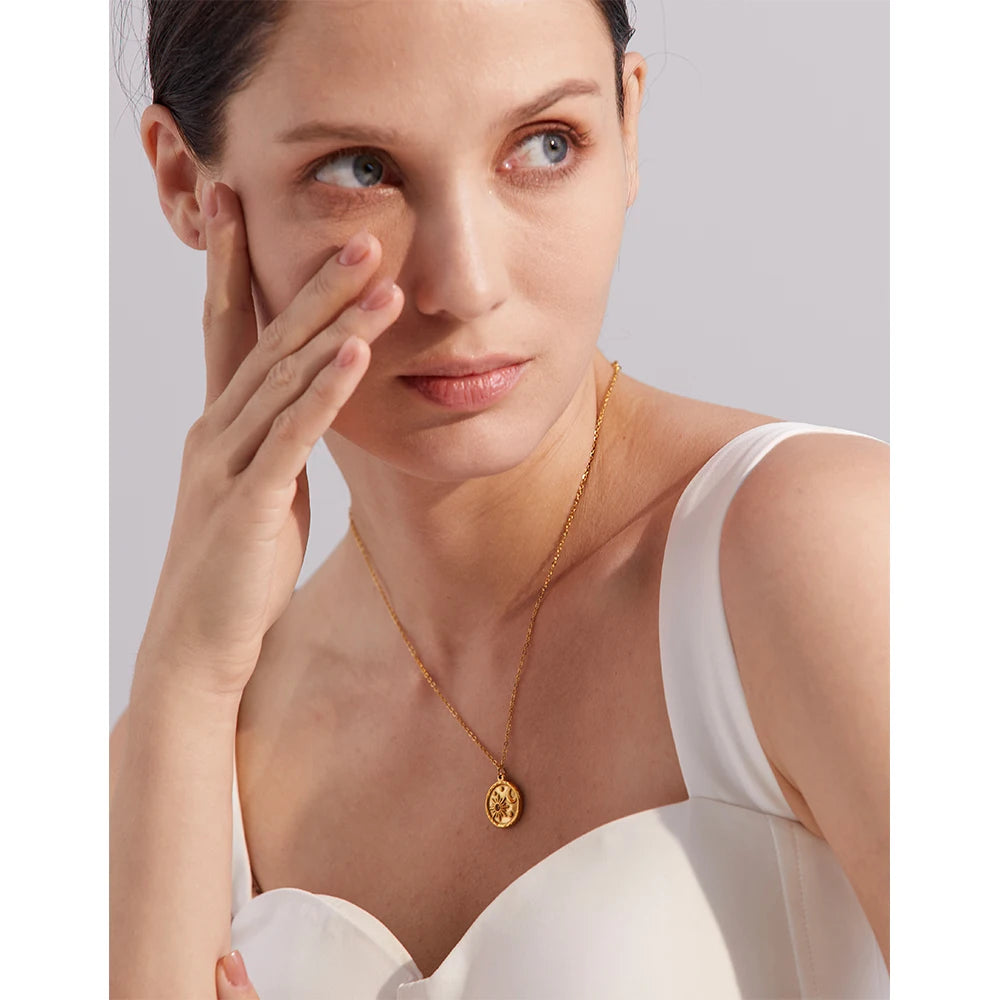 Yhpup moda lua celestial sol delicado pingente redondo colar de aço inoxidável 18k banhado a ouro corrente na moda charme chique jóias