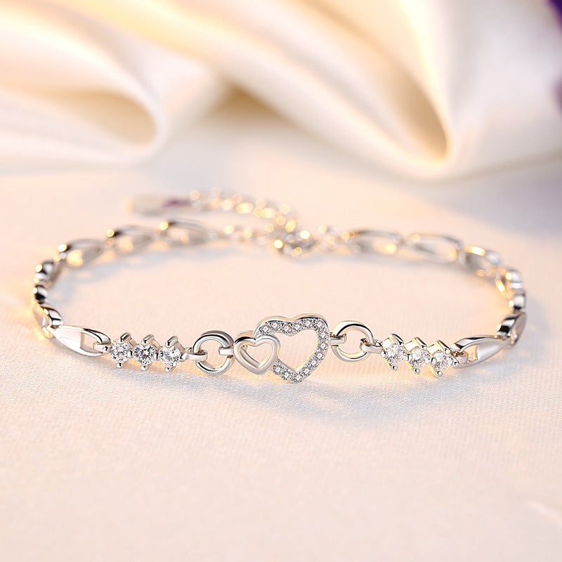 Pulseira Coração de Prata 925 com Cristal Roxo Zircão
