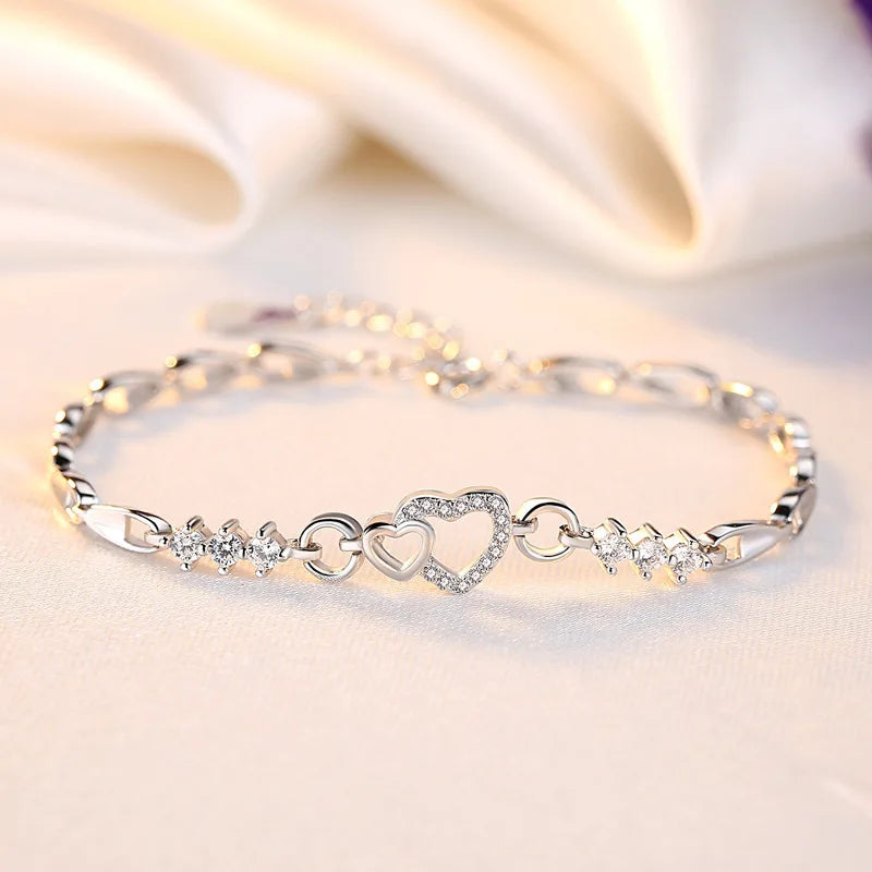 Pulseira Coração de Prata 925 com Cristal Roxo Zircão