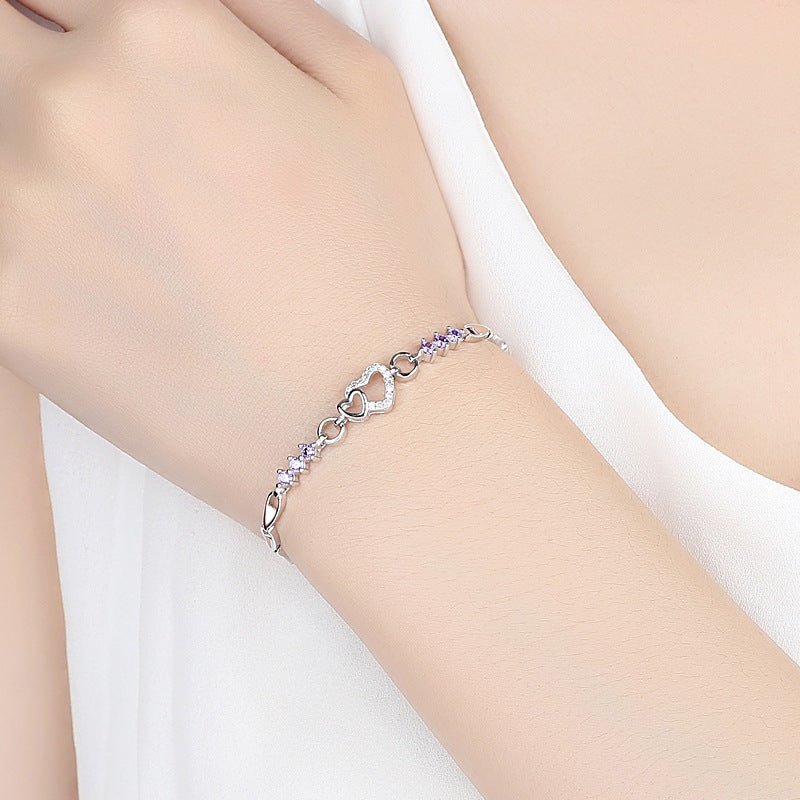 Pulseira Coração de Prata 925 com Cristal Roxo Zircão