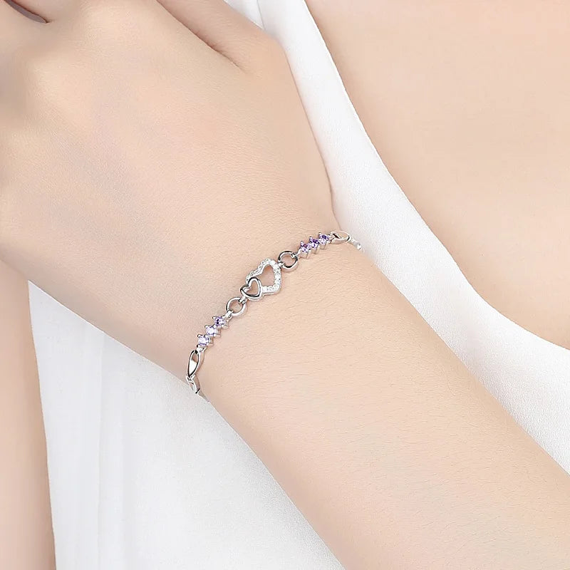 Pulseira Coração de Prata 925 com Cristal Roxo Zircão