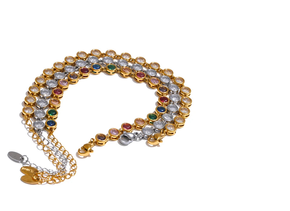 Yhpup requintado colorido zircônia cúbica luxo elenco corrente colar pulseira para mulheres de aço inoxidável à prova dwaterproof água jóias presente