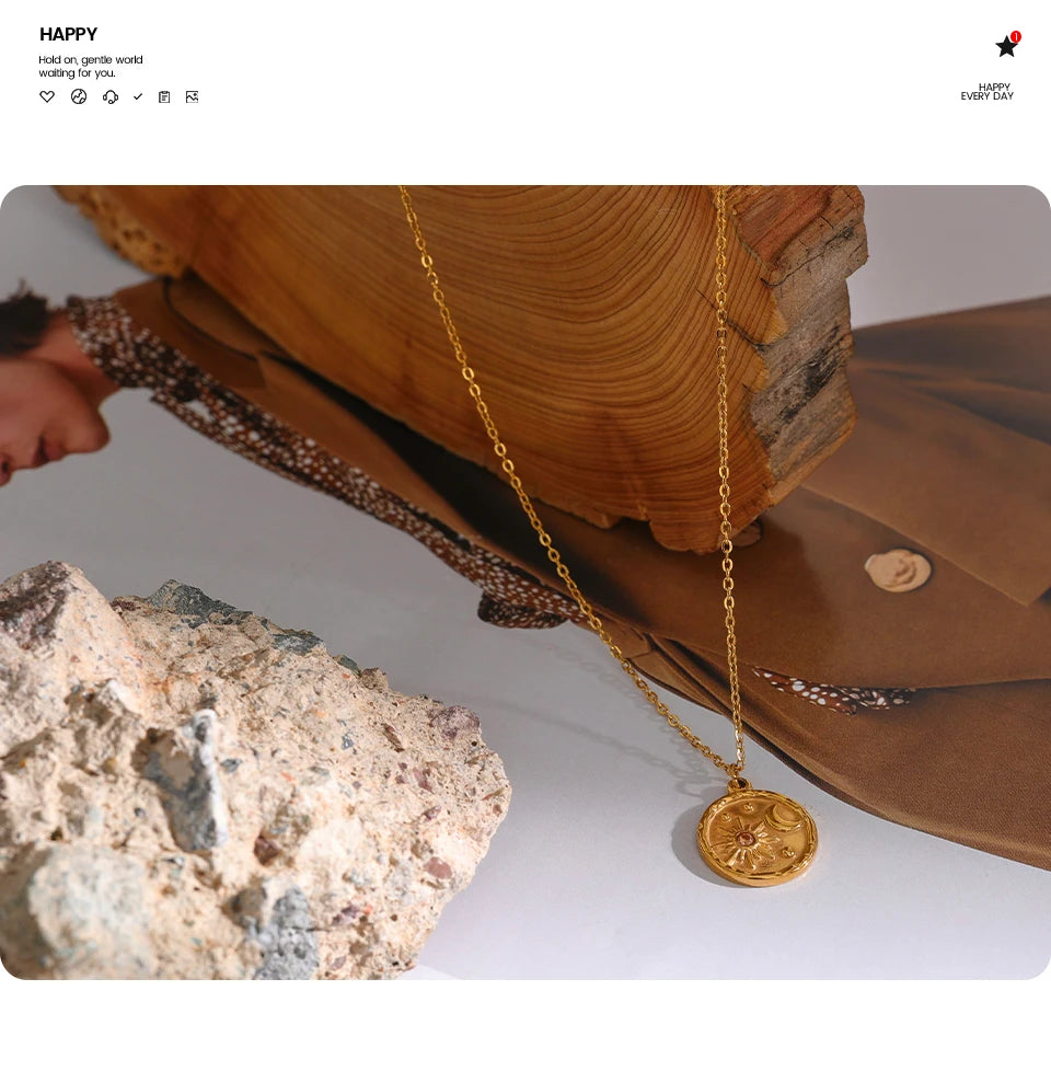 Yhpup moda lua celestial sol delicado pingente redondo colar de aço inoxidável 18k banhado a ouro corrente na moda charme chique jóias
