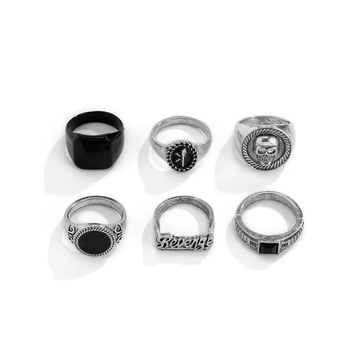 Conjunto vintage de anéis de esqueleto e caveira para homens e mulheres, cor prata antiga, joias punk, acessórios esculpidos, gótico, steampunk, conjunto de 6 peças