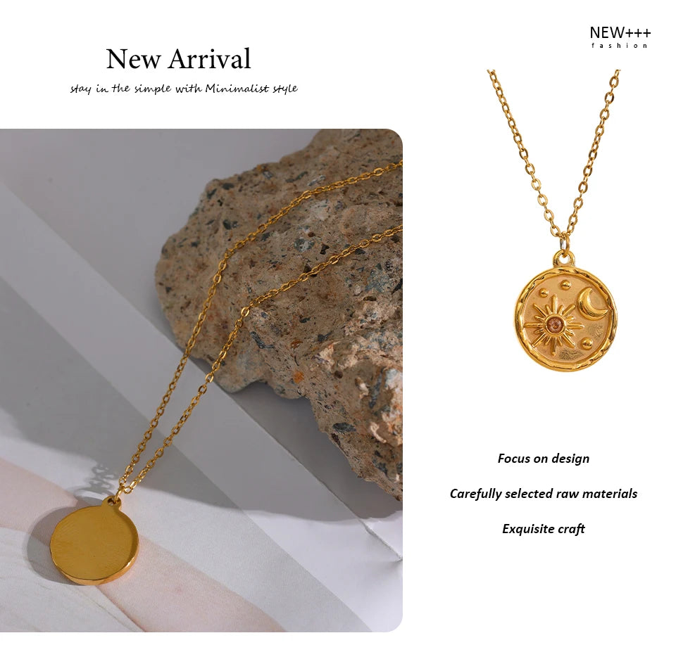 Yhpup moda lua celestial sol delicado pingente redondo colar de aço inoxidável 18k banhado a ouro corrente na moda charme chique jóias