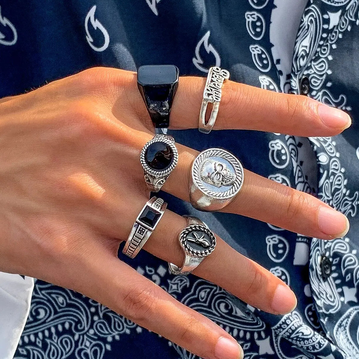 Conjunto vintage de anéis de esqueleto e caveira para homens e mulheres, cor prata antiga, joias punk, acessórios esculpidos, gótico, steampunk, conjunto de 6 peças