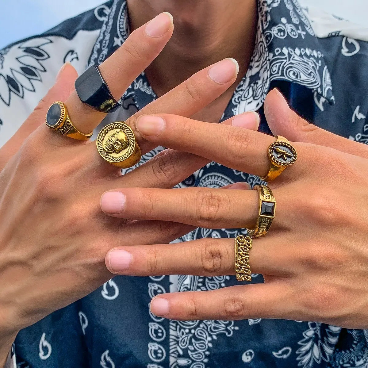 Conjunto vintage de anéis de esqueleto e caveira para homens e mulheres, cor prata antiga, joias punk, acessórios esculpidos, gótico, steampunk, conjunto de 6 peças