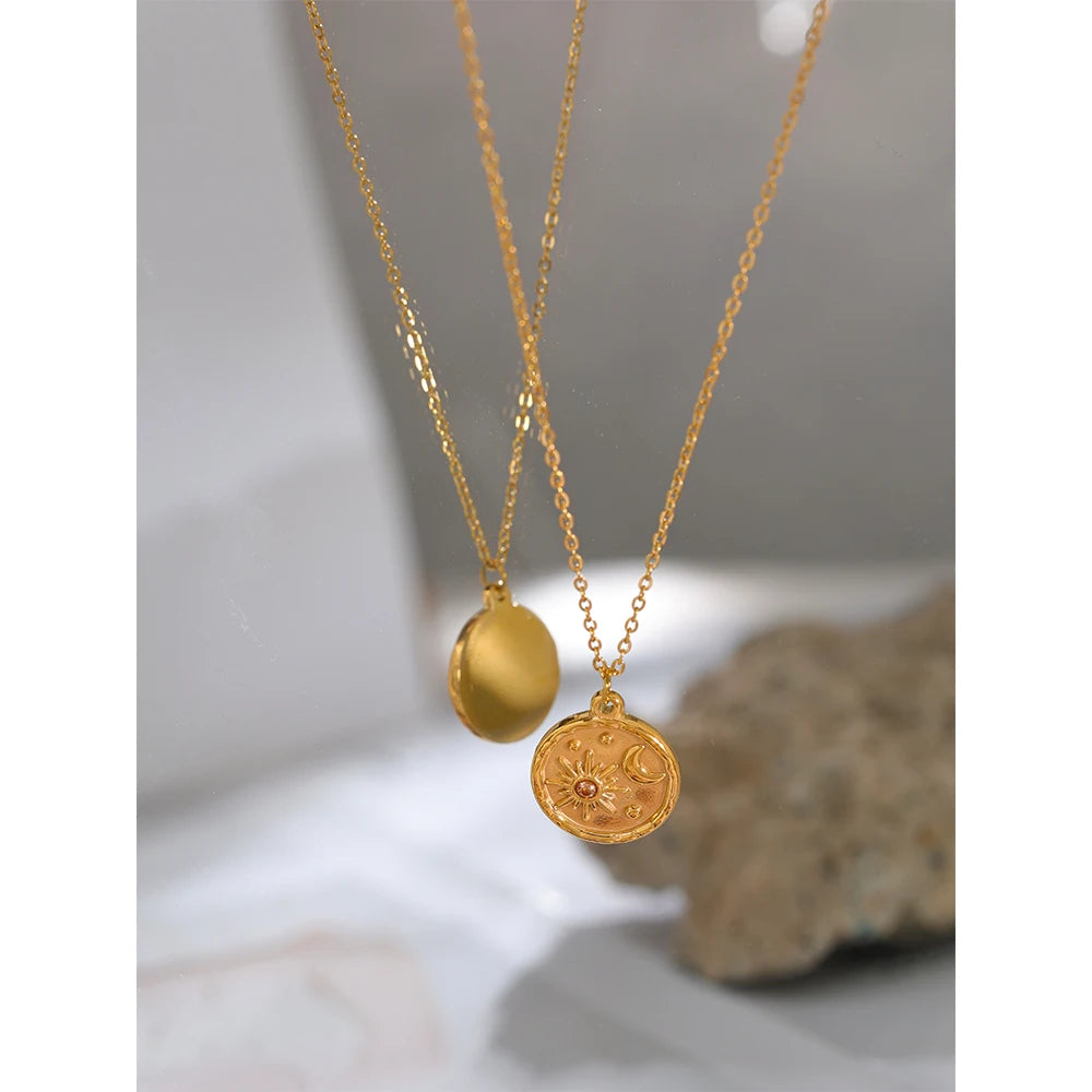 Yhpup moda lua celestial sol delicado pingente redondo colar de aço inoxidável 18k banhado a ouro corrente na moda charme chique jóias