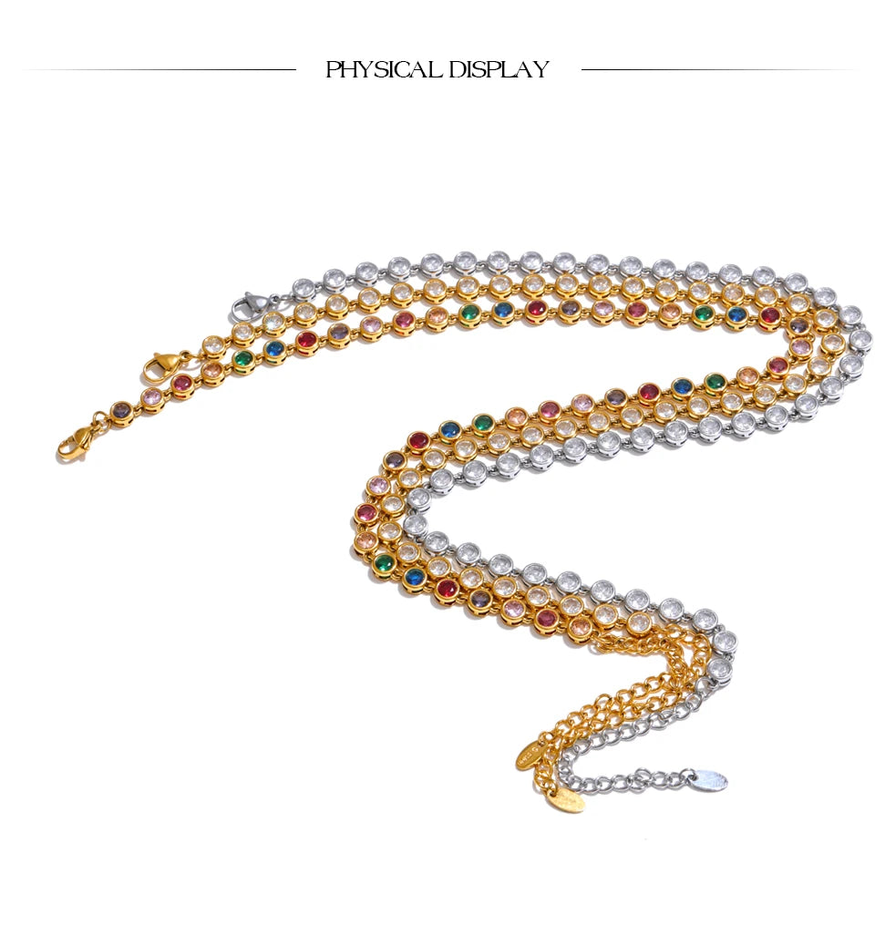 Yhpup requintado colorido zircônia cúbica luxo elenco corrente colar pulseira para mulheres de aço inoxidável à prova dwaterproof água jóias presente